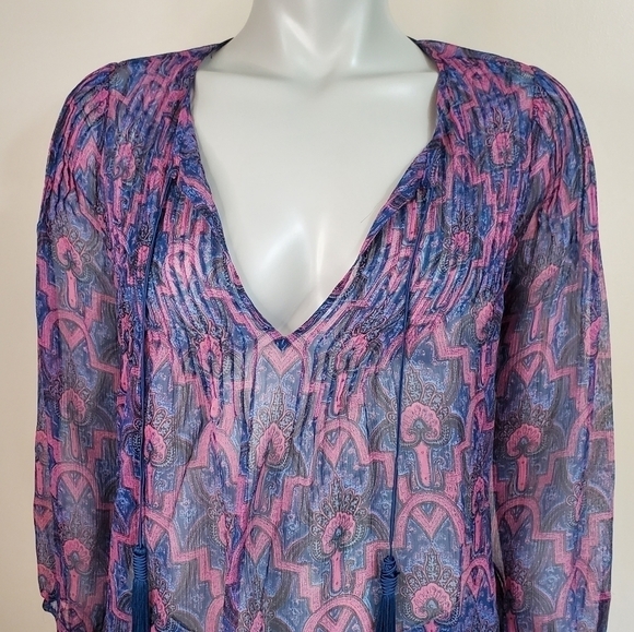3/$30 ❤️ 𝅺joie Bohemian Sheer Paisley Print Silk Pop Over Blouse Size XXS - Picture 2 of 14